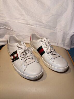 GUCCI Ace Pearl and Studded Sneakers, Sz 39